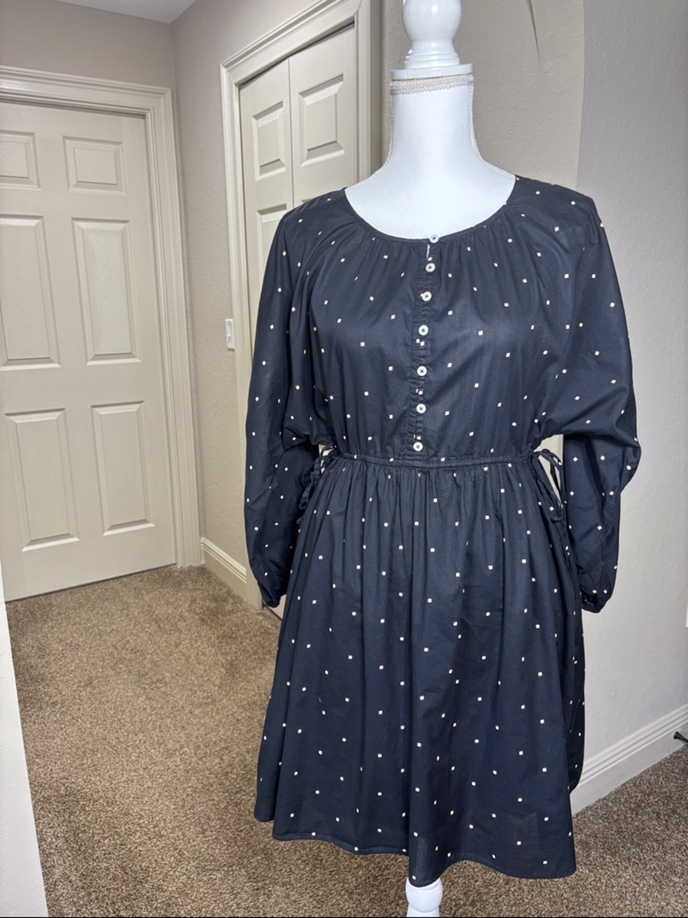 Madewell Button-Front Tie-Waist Mini Dress in Square Spot Black Size XS - Picture 3 of 8